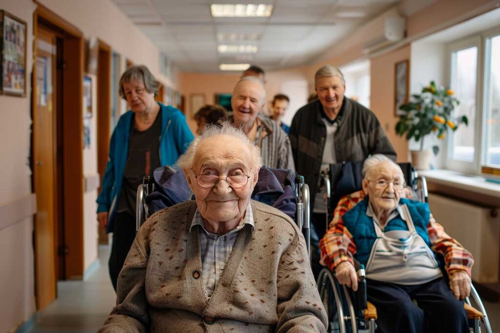 Family members compare assisted living notes at a table beside a senior residence brochure and checklist.